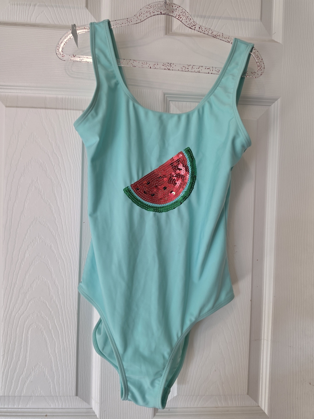 Girls Aqua One-Piece Swimsuit with Sequin Watermelon Size 10/12